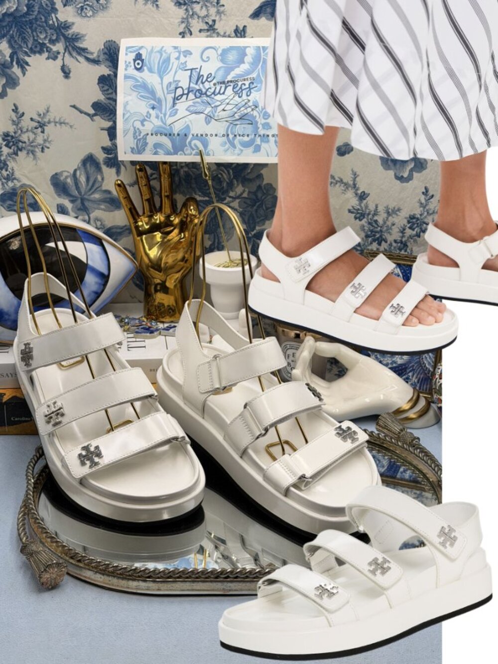 🆕 TORY BURCH 🧿 NWOB Kira Triple Strap Utility Logo Sandals, Cloud White - Sz 7
